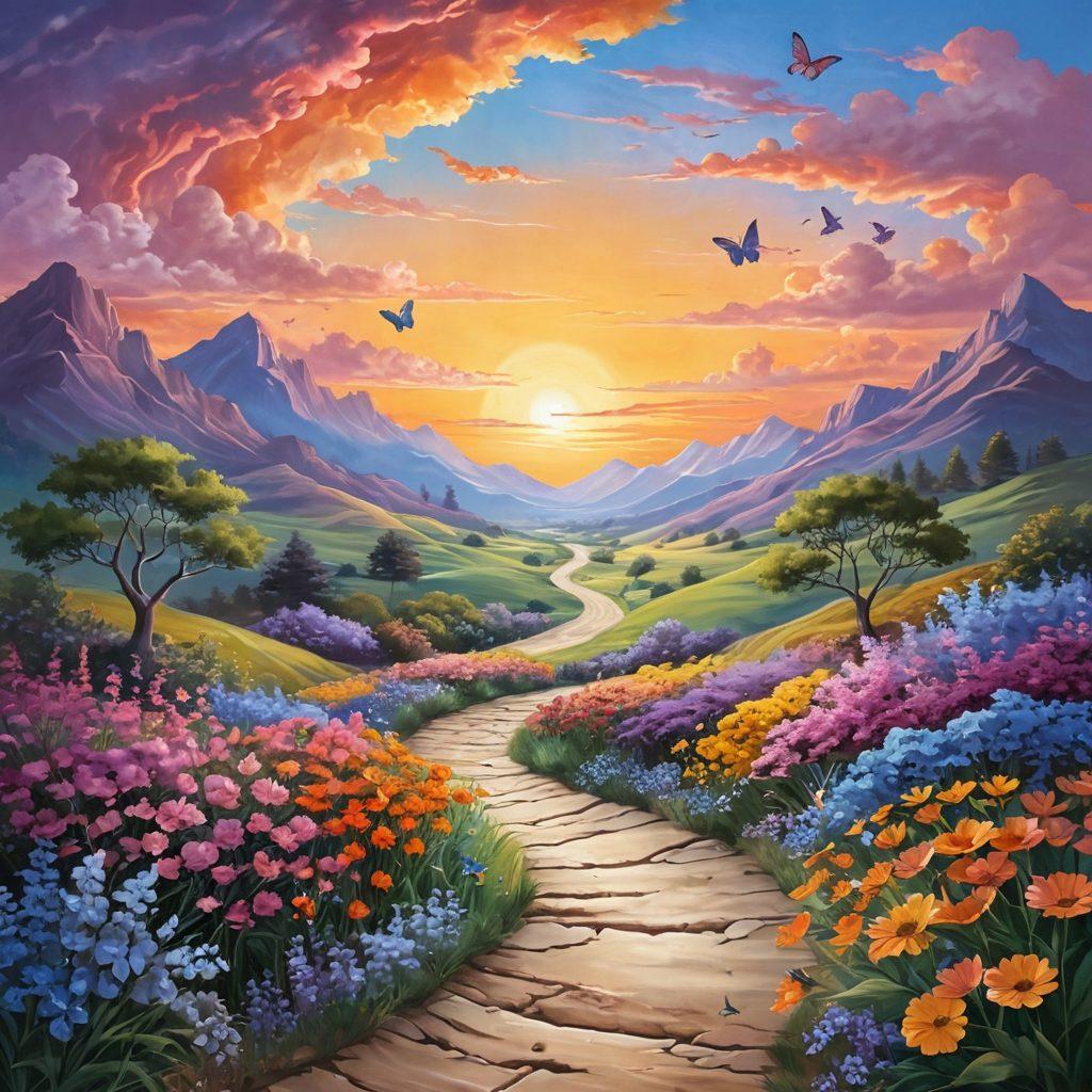 A serene landscape depicting a sunrise over a winding path, symbolizing the journey through cancer. Along the path, diverse figures represent support and camaraderie, holding hands and showing unity. Include blooming flowers and butterflies, symbolizing hope and renewal. The sky is painted in warm, uplifting colors to evoke a sense of empowerment. super-realistic. vibrant colors. 3D.