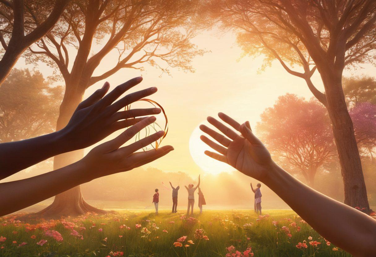 A serene landscape depicting a diverse group of people engaging in supportive activities related to cancer care, with natural elements symbolizing awareness and advocacy, such as ribbons in the trees and a circle of hands coming together. In the background, a gentle sunrise represents hope and healing. super-realistic. vibrant colors. soothing atmosphere.
